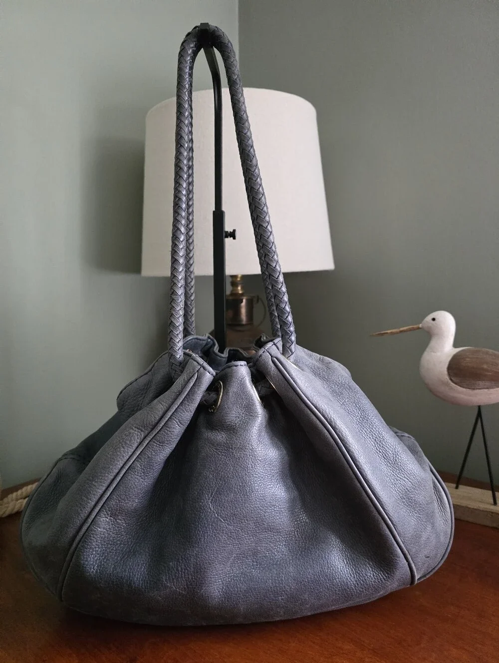 Michael Kors Braided Handle Hobo Bag Slate Blue Navy Pebbled Leather Tassel